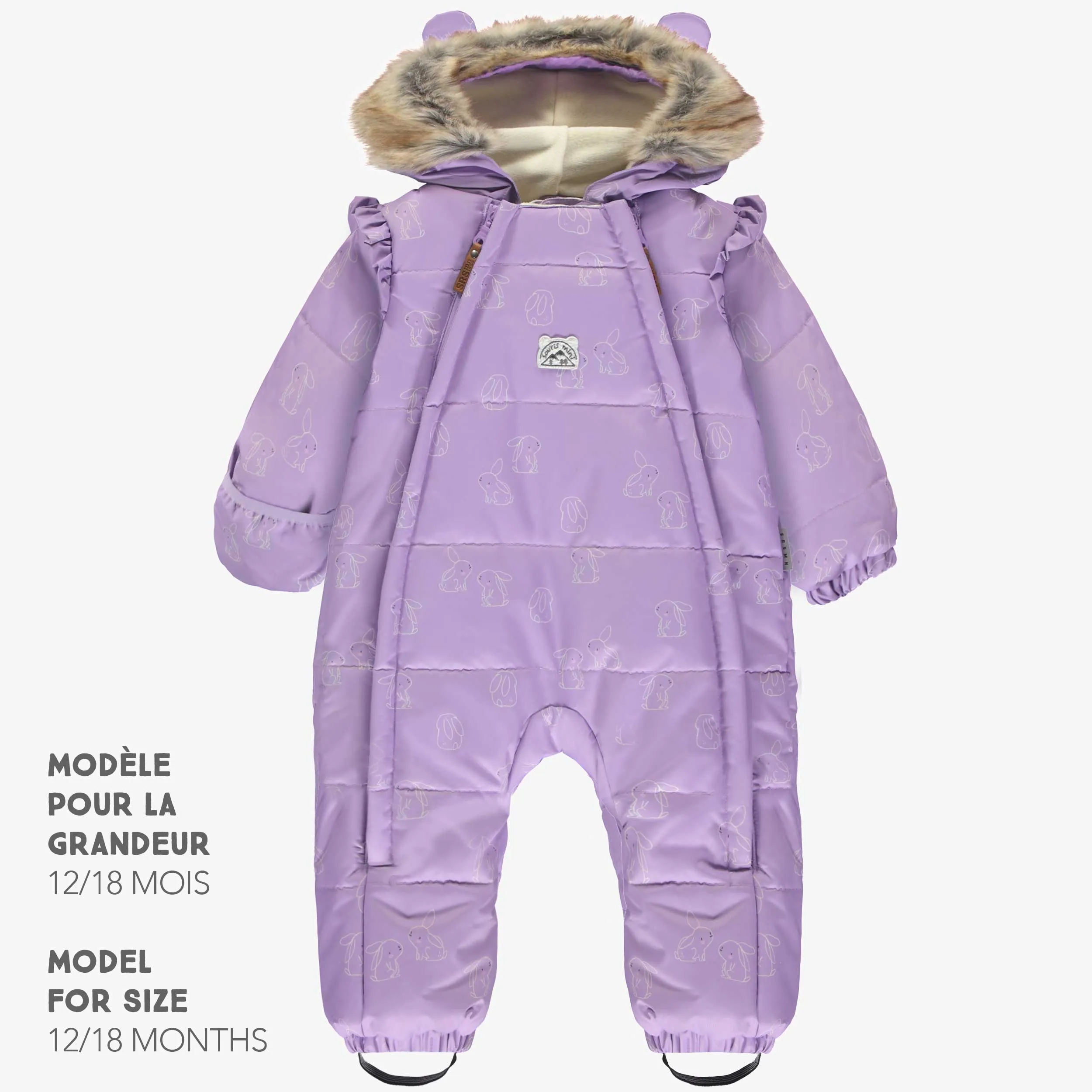 Habit de neige une-pièce mauve pâle à motifs, naissance || One-piece light purple snowsuit with print, newborn