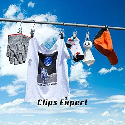 Laxhand 12PCS Laundry Hanging Hooks with Clips Boot Hanger Heavy Duty Clothes Pins, Portable Stainless Drying Clip for Bras, Socks, Towels, Underwear