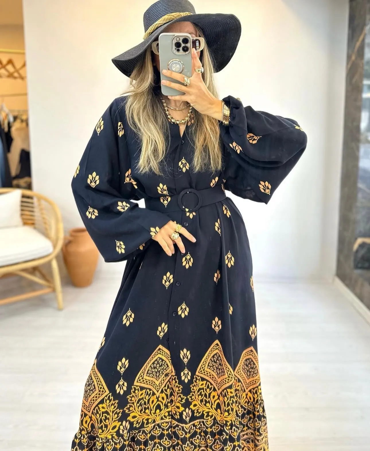 Lightweight Cotton Dress with Belt - Midnight Oasis