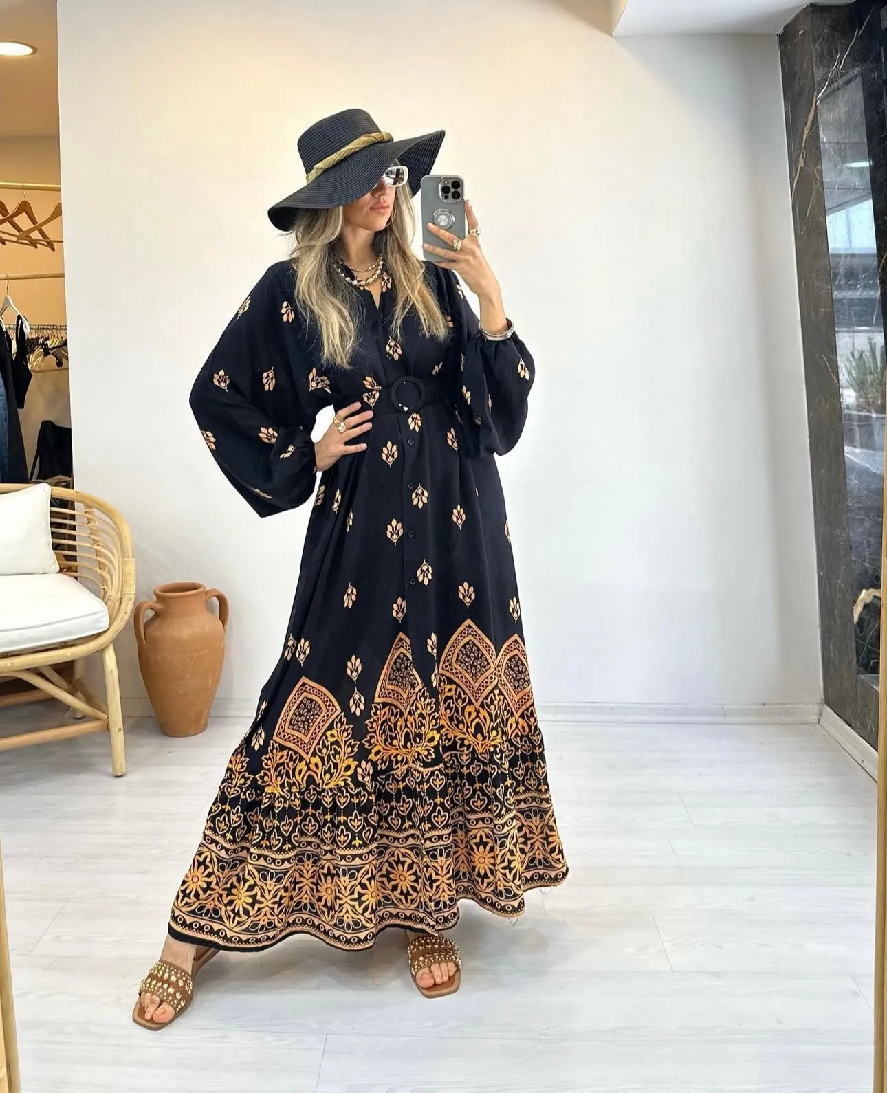 Lightweight Cotton Dress with Belt - Midnight Oasis