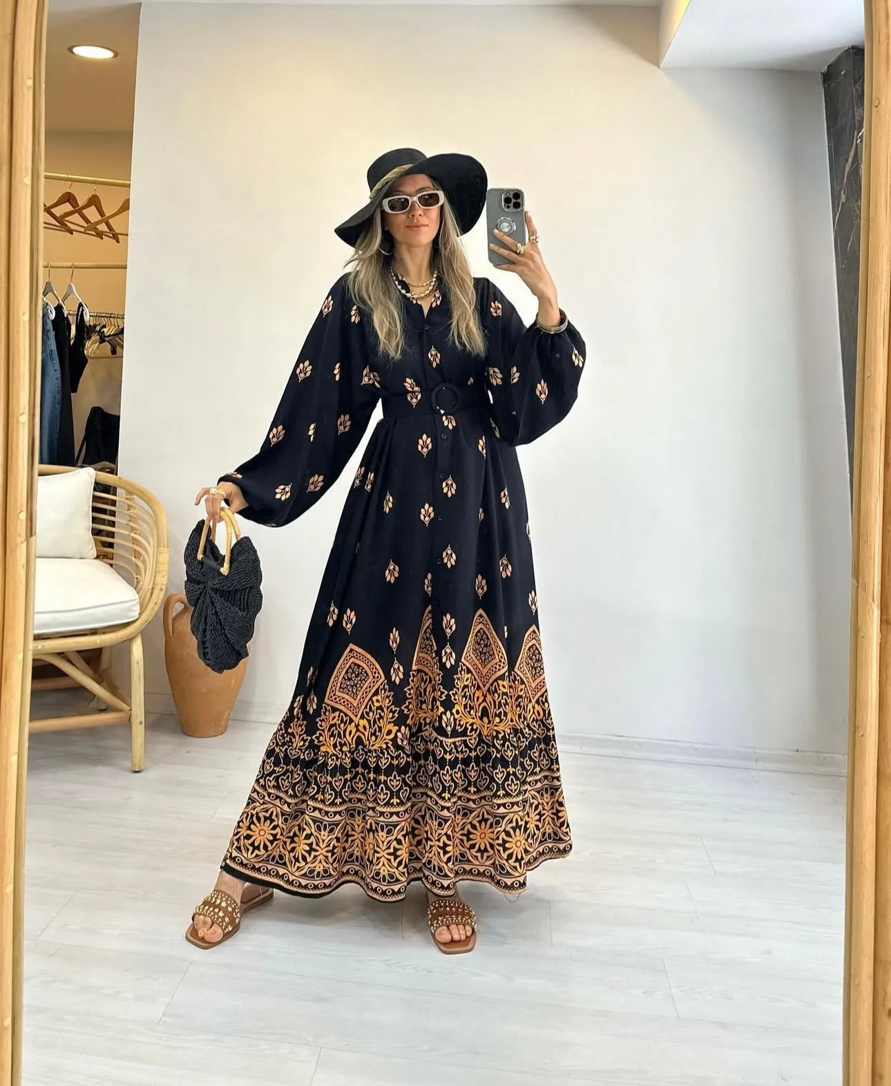 Lightweight Cotton Dress with Belt - Midnight Oasis