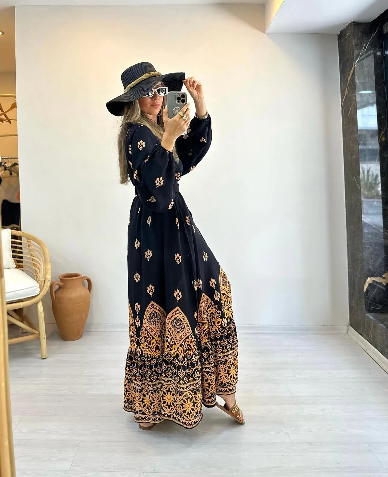Lightweight Cotton Dress with Belt - Midnight Oasis