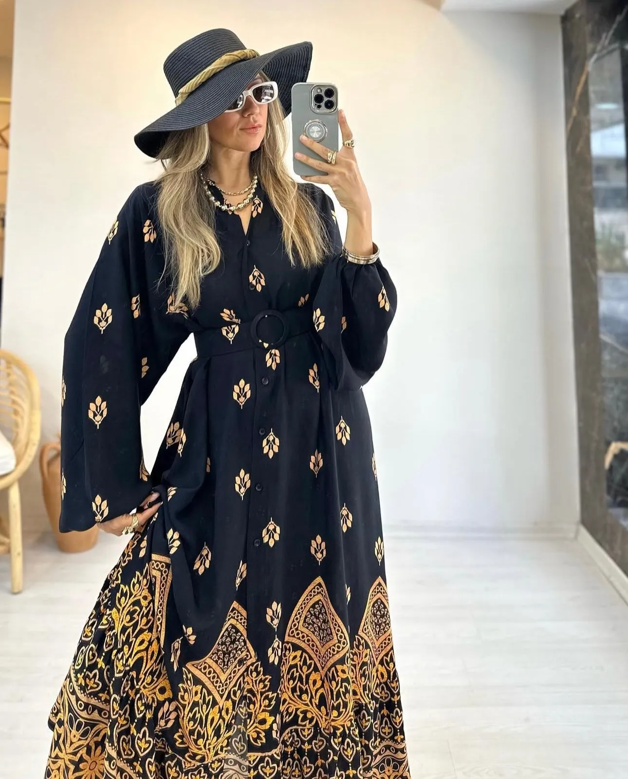 Lightweight Cotton Dress with Belt - Midnight Oasis
