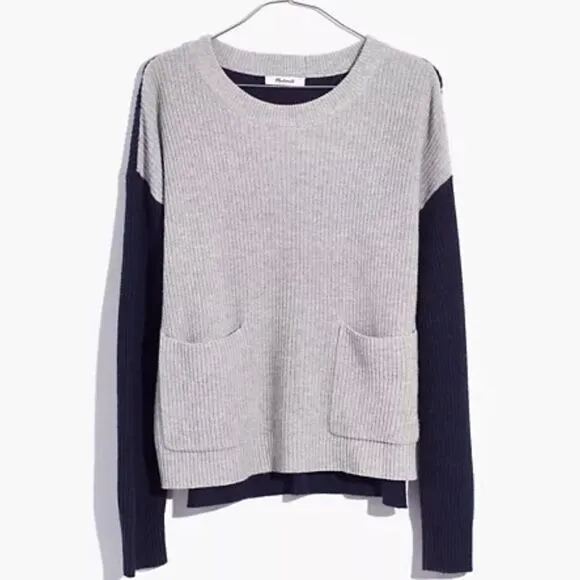 Madewell Patch Pocket Pullover Sweater in Colorblock Navy Blue Gray J8783 NWT
