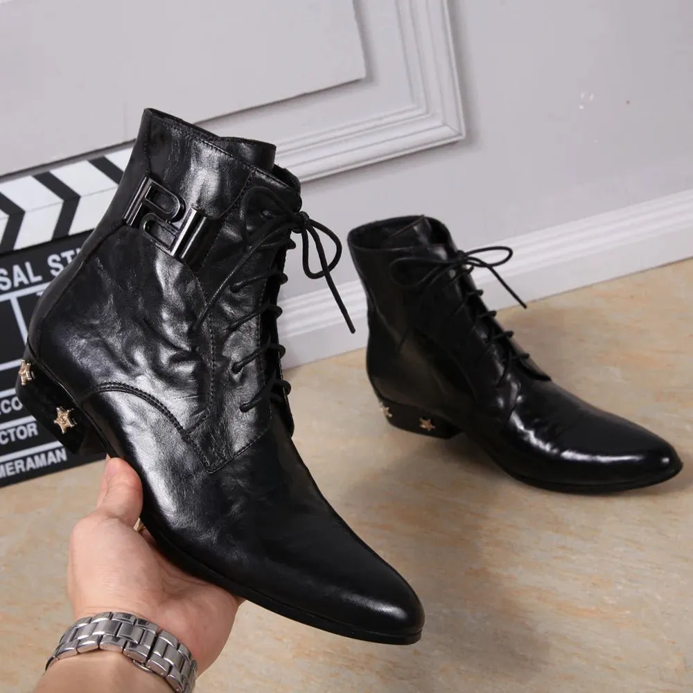 Men's boots  Rivet Lace-up High quality Bright leather Pointed Boots