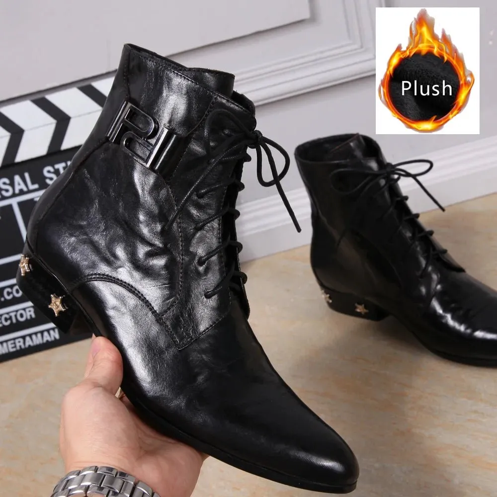 Men's boots  Rivet Lace-up High quality Bright leather Pointed Boots