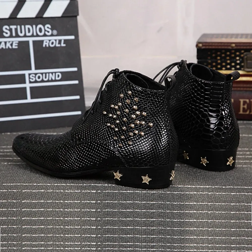 Men's boots  Rivet Lace-up High quality Bright leather Pointed Boots