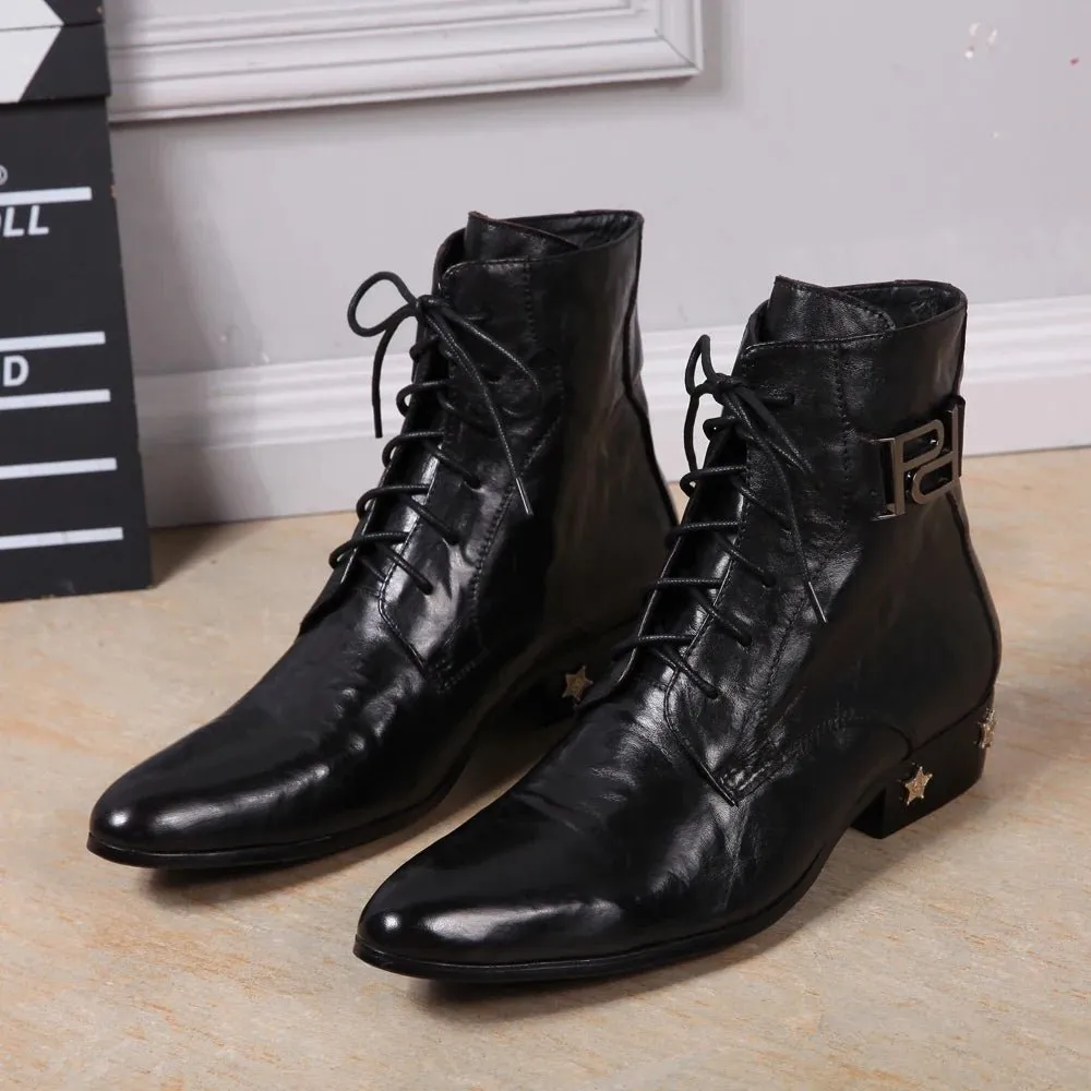 Men's boots  Rivet Lace-up High quality Bright leather Pointed Boots