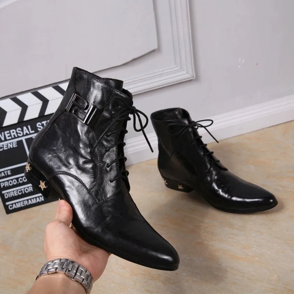 Men's boots  Rivet Lace-up High quality Bright leather Pointed Boots