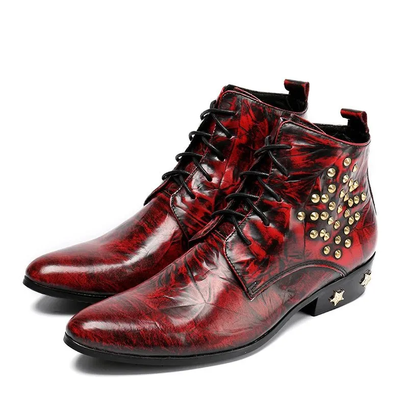 Men's boots  Rivet Lace-up High quality Bright leather Pointed Boots