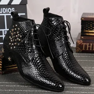 Men's boots  Rivet Lace-up High quality Bright leather Pointed Boots