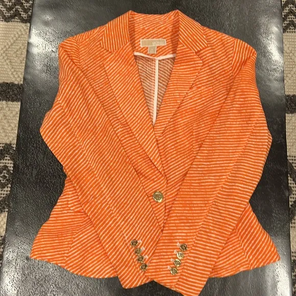 MICHAEL Michael Kors Orange and White Striped Linen Blazer Size 4