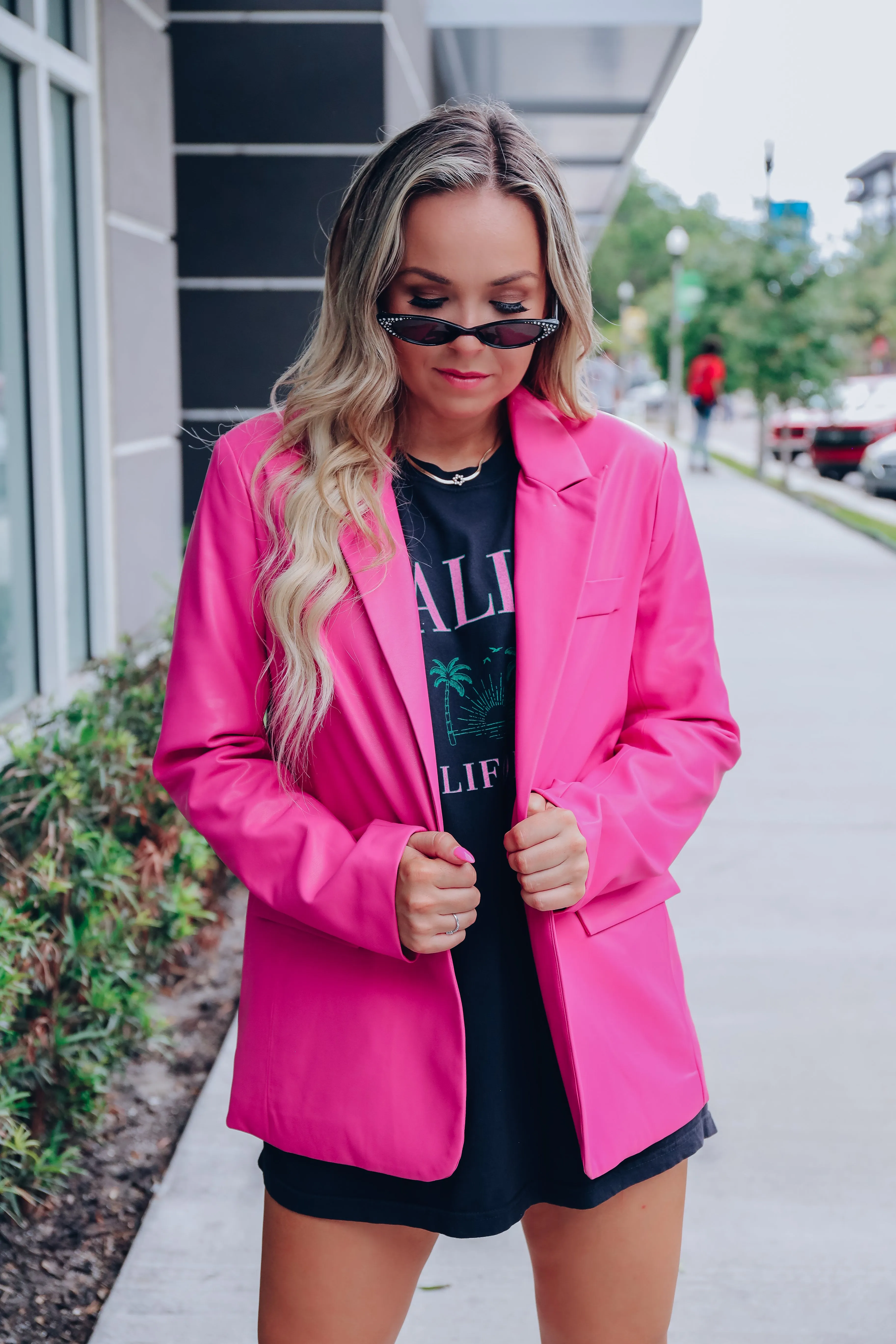 Miss Madison Oversized Faux Leather Blazer - Pink