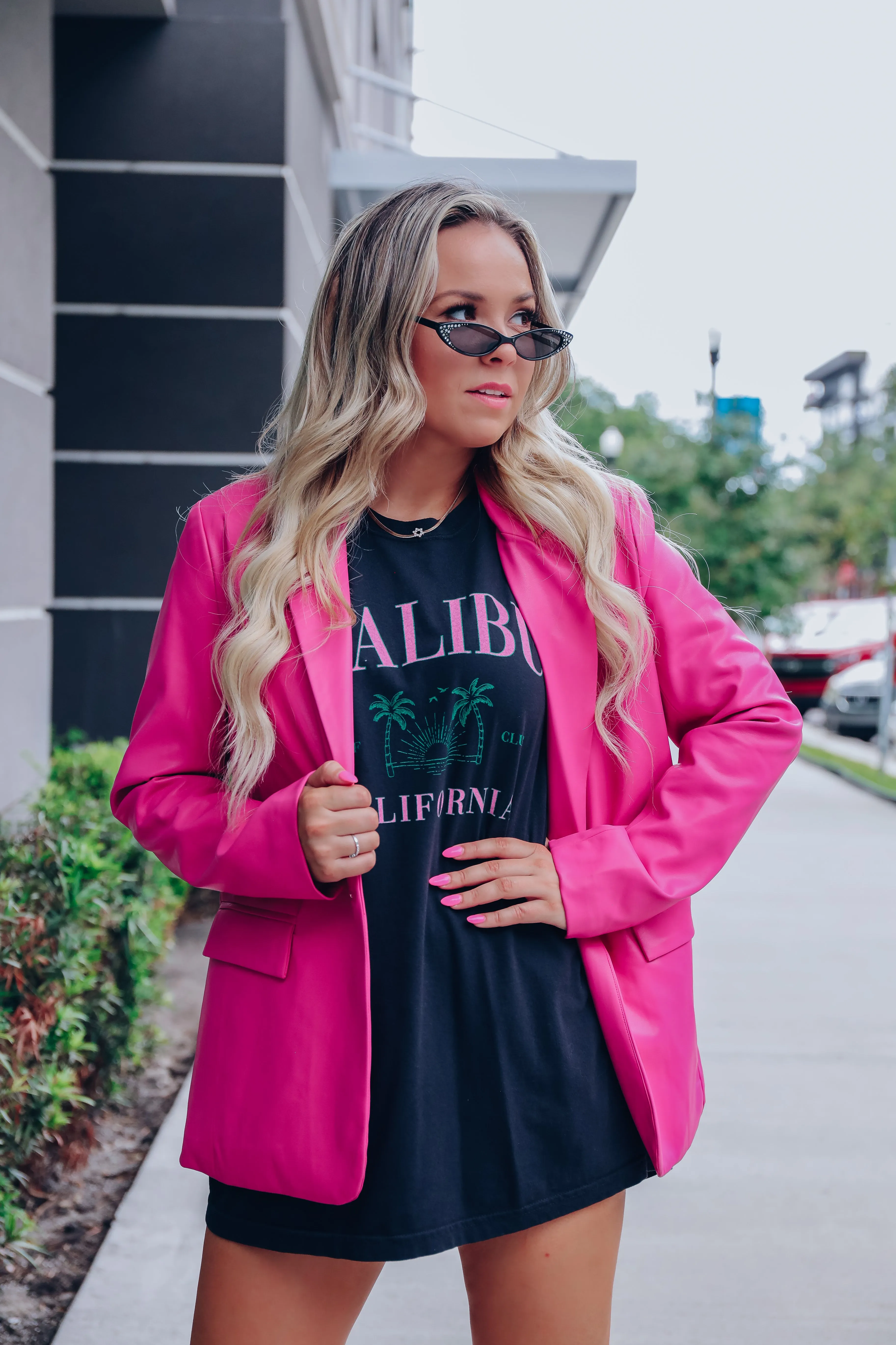 Miss Madison Oversized Faux Leather Blazer - Pink