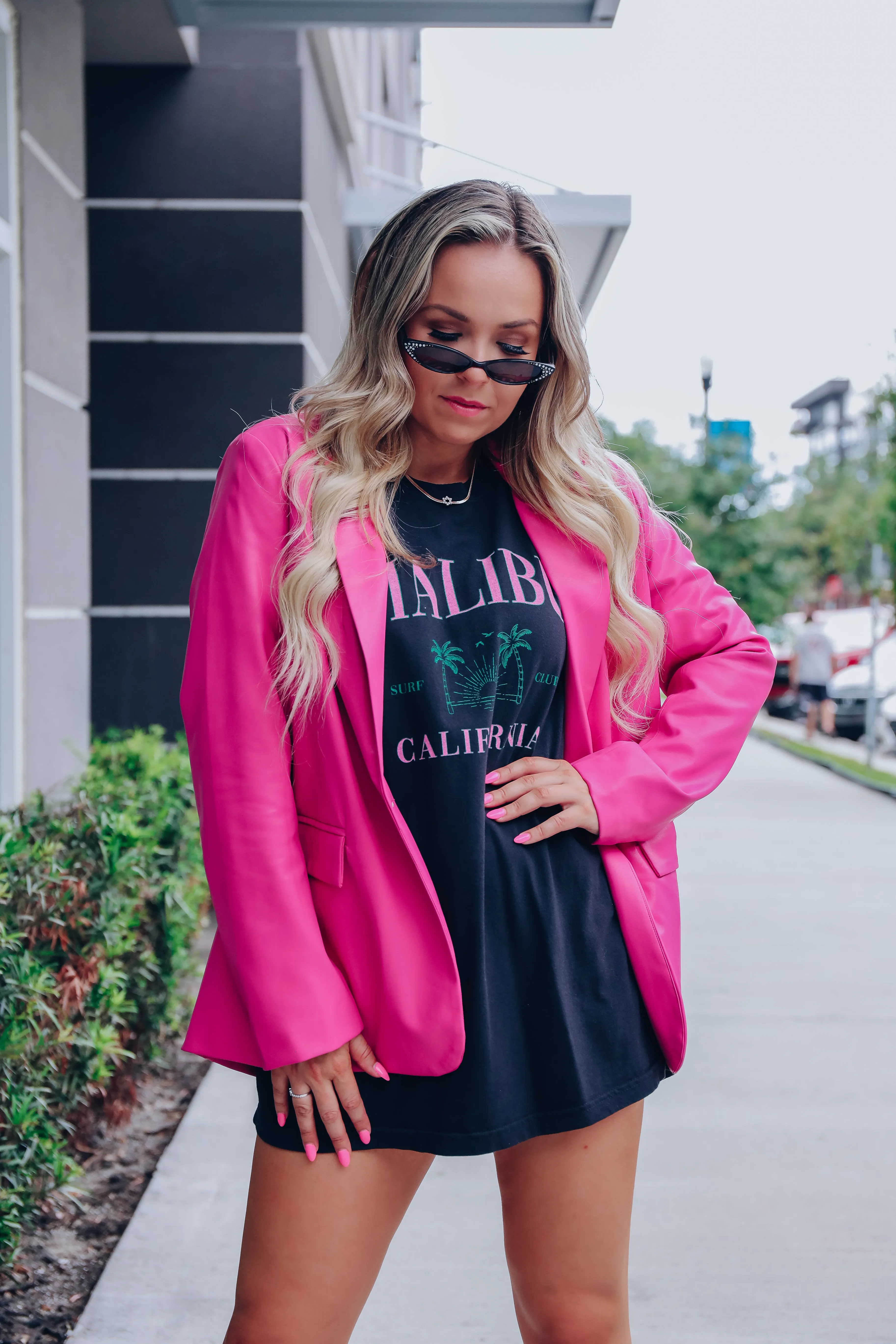 Miss Madison Oversized Faux Leather Blazer - Pink