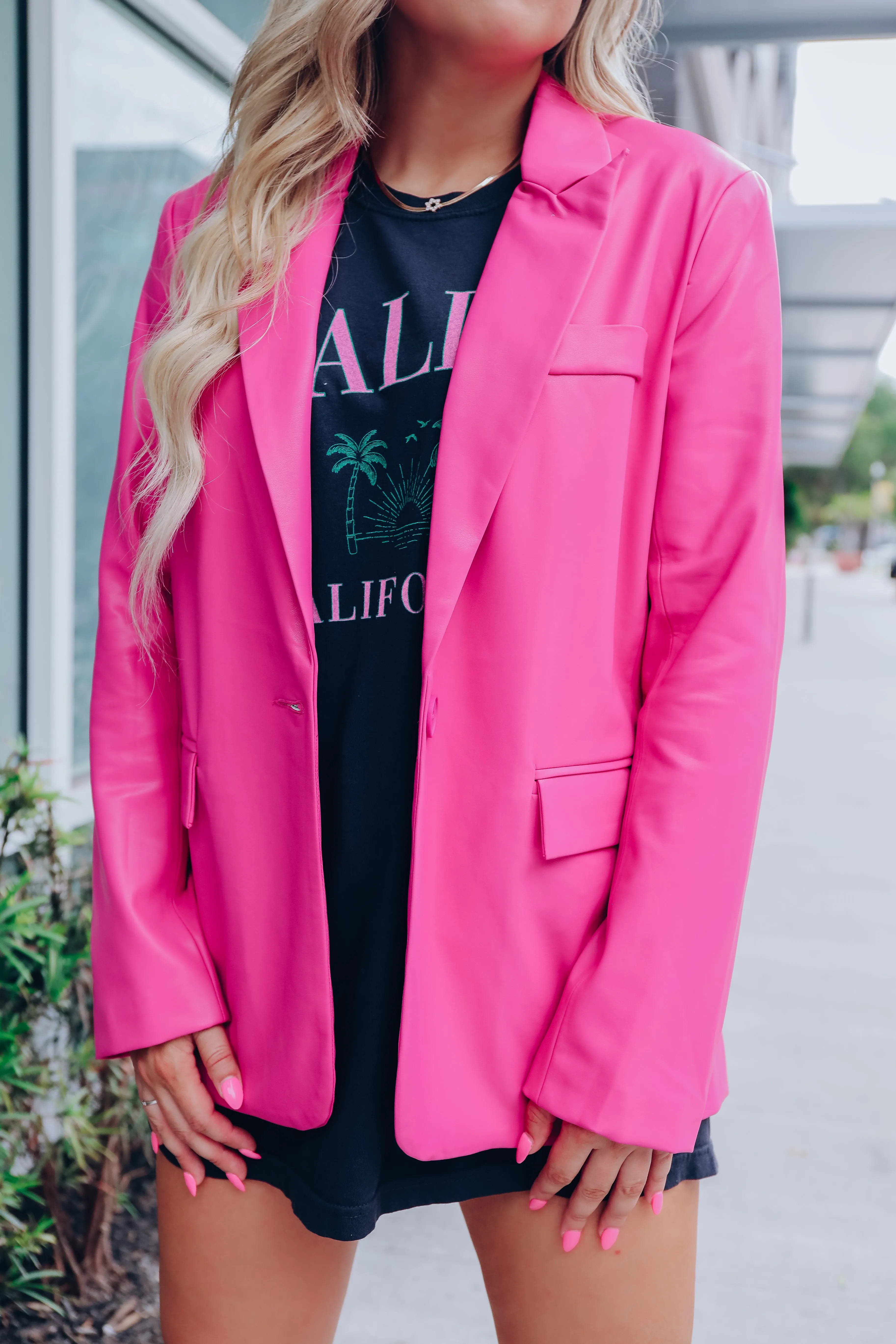 Miss Madison Oversized Faux Leather Blazer - Pink