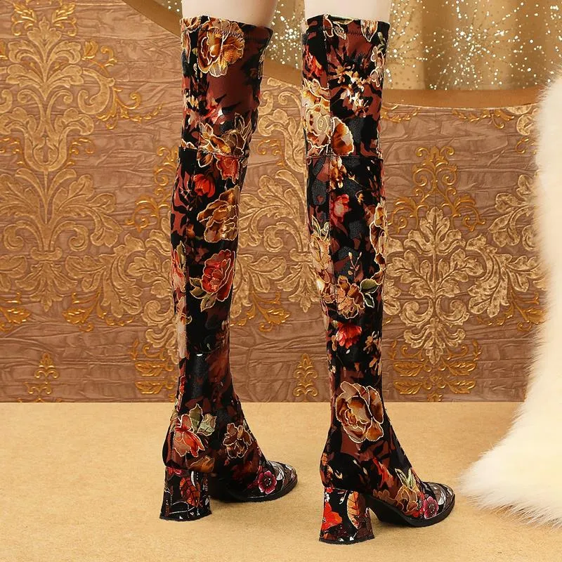 new genuine leather Elastic material high quality women boots floral girls long boots Autumn Winter fashion boots