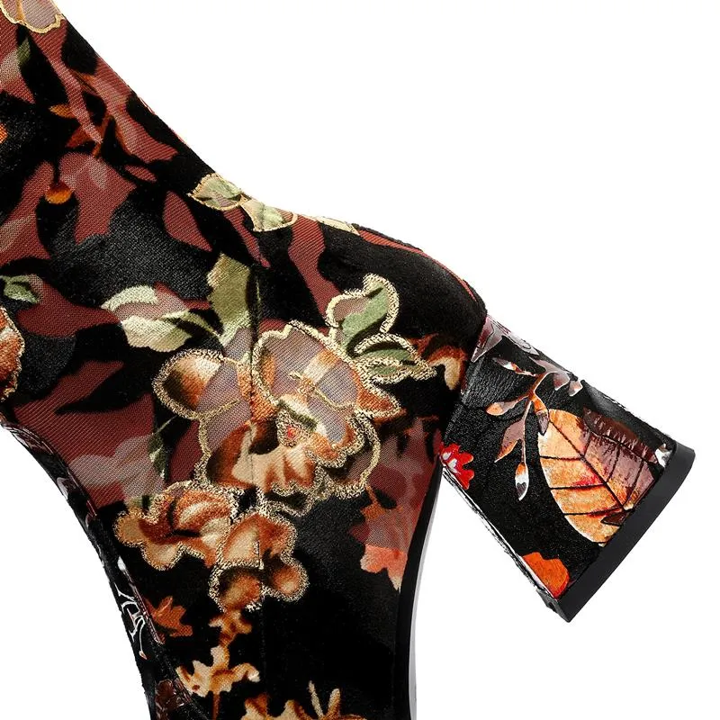 new genuine leather Elastic material high quality women boots floral girls long boots Autumn Winter fashion boots