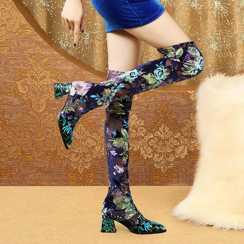 new genuine leather Elastic material high quality women boots floral girls long boots Autumn Winter fashion boots