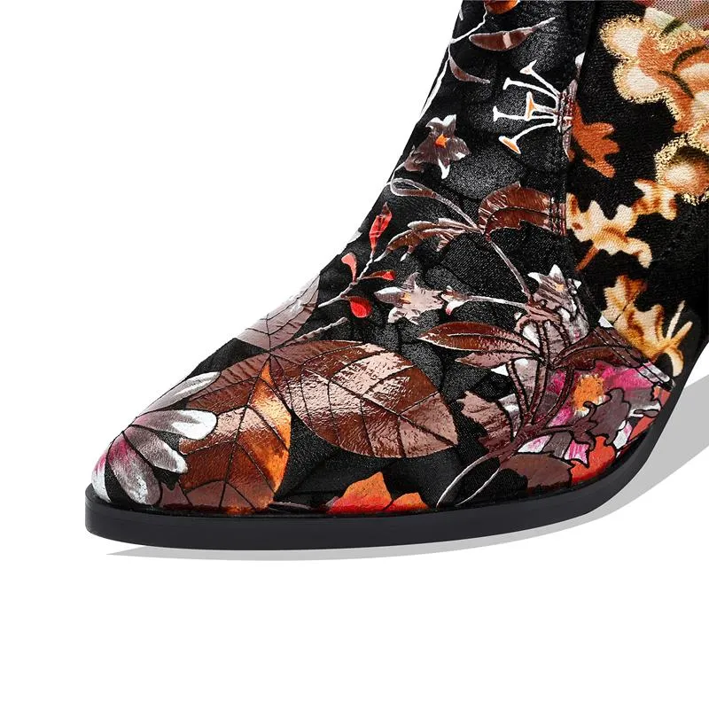 new genuine leather Elastic material high quality women boots floral girls long boots Autumn Winter fashion boots