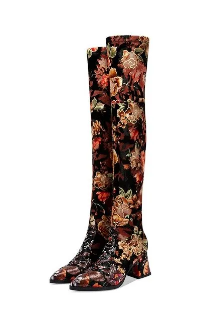 new genuine leather Elastic material high quality women boots floral girls long boots Autumn Winter fashion boots