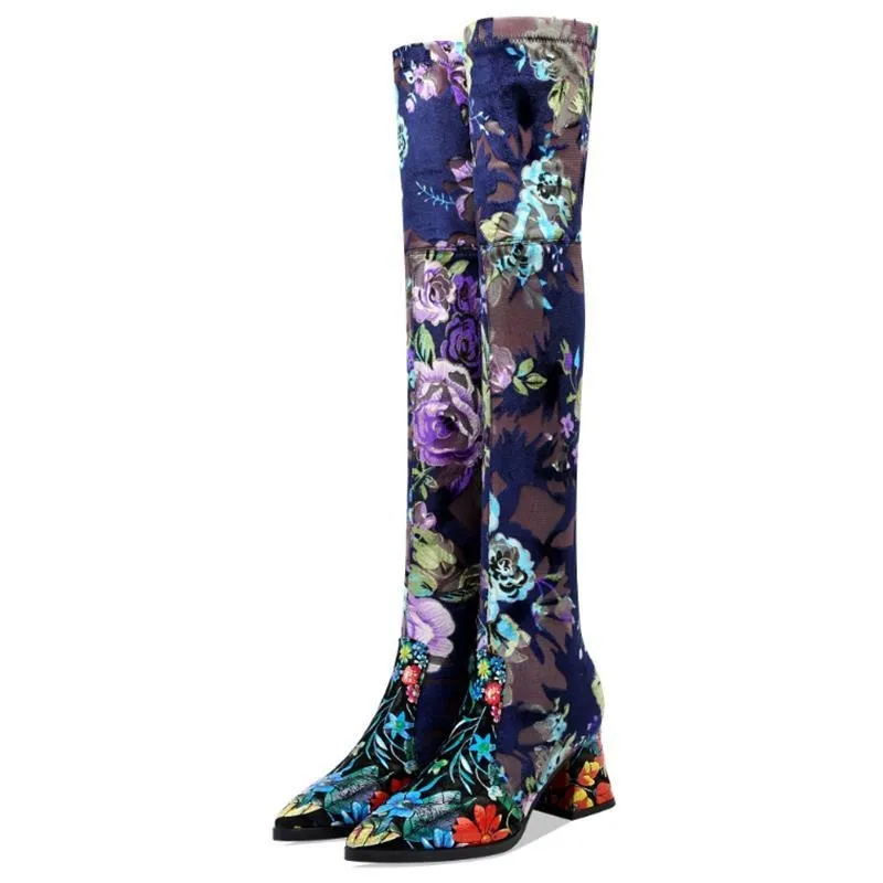 new genuine leather Elastic material high quality women boots floral girls long boots Autumn Winter fashion boots