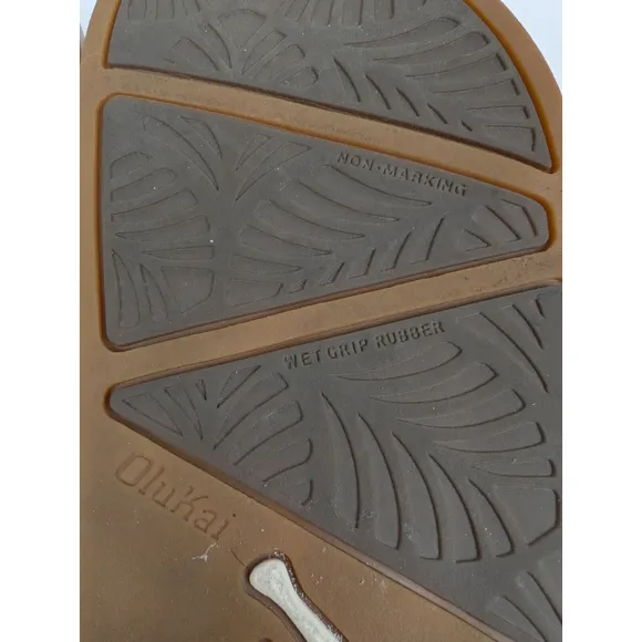 Olukai Kamola Sandal Slide Women's 6 Brown Woven Leather Beach Wet Grip Rubber