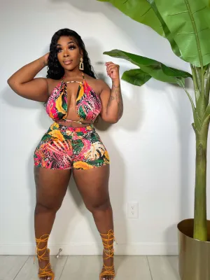 Paradise Tropical Halter Top & High-Waist Shorts Set