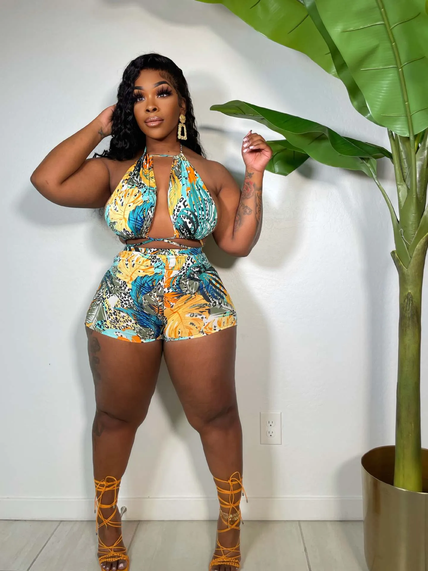 Paradise Tropical Halter Top & High-Waist Shorts Set