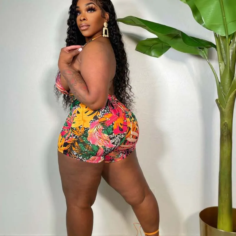 Paradise Tropical Halter Top & High-Waist Shorts Set