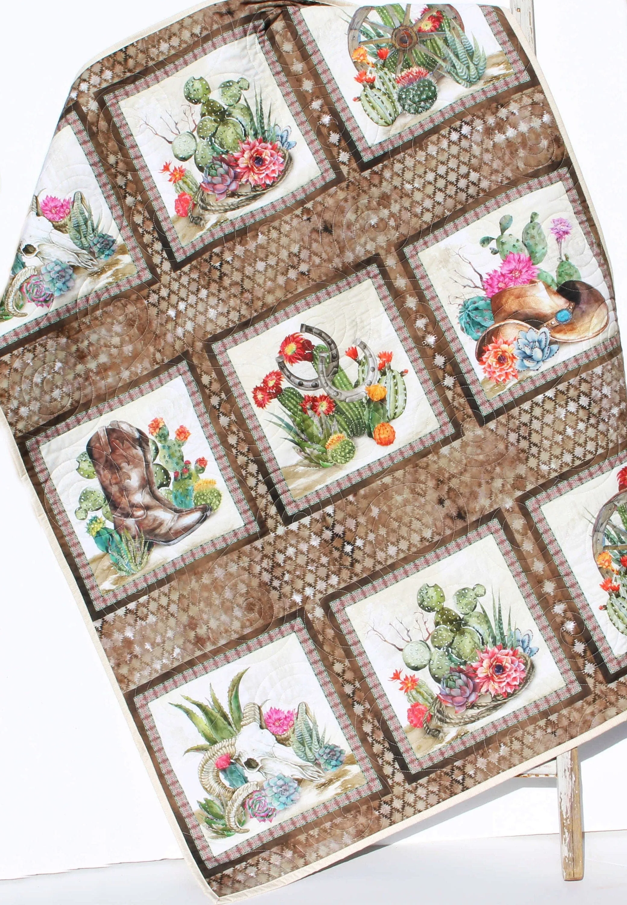 Southwest Quilt Kit, Western Theme, Fabric Panel Pattern, Cactus Boots Hats Skull, Beginner Sewing Project, Small Lap Throw Flowers Brown