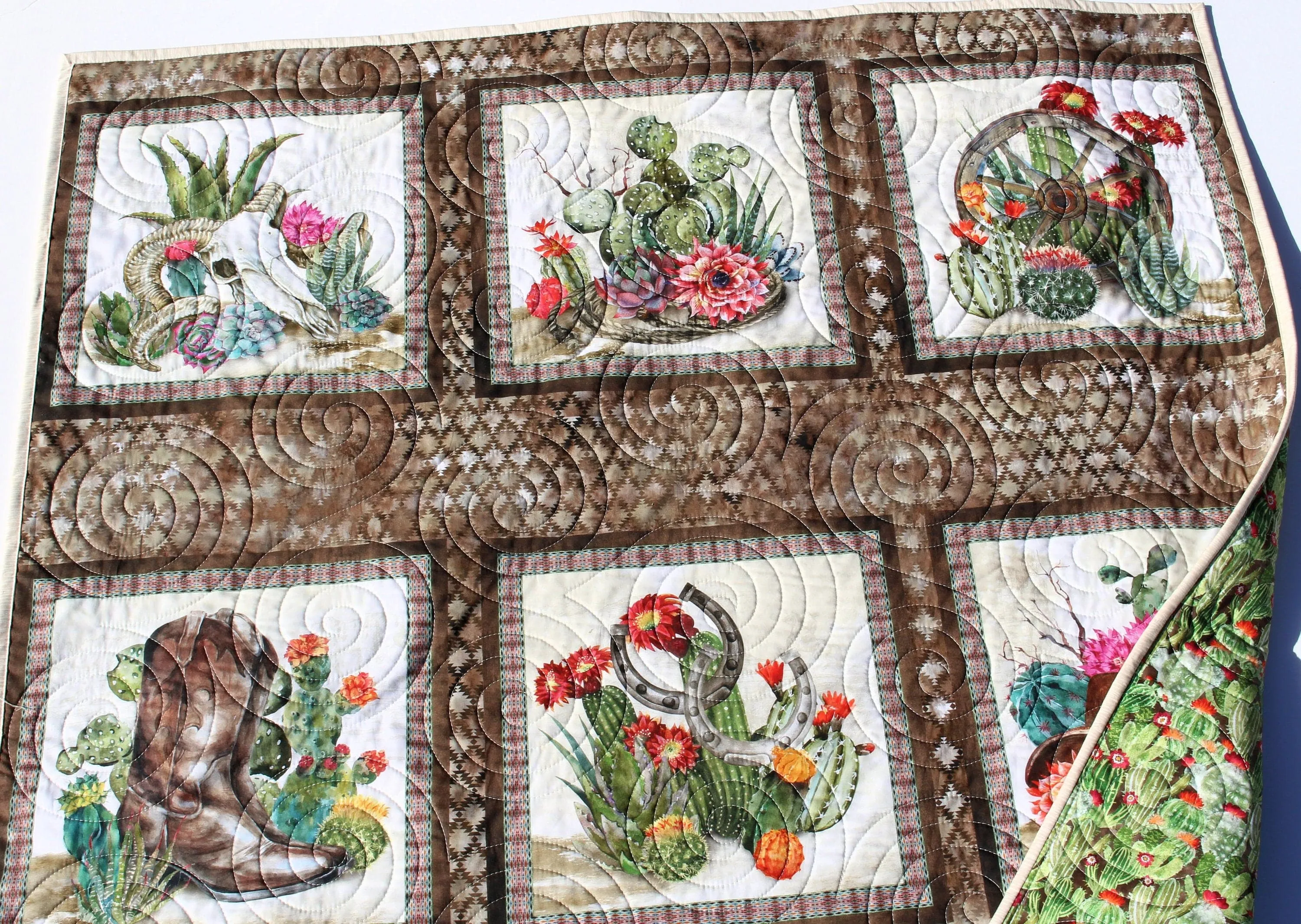 Southwest Quilt Kit, Western Theme, Fabric Panel Pattern, Cactus Boots Hats Skull, Beginner Sewing Project, Small Lap Throw Flowers Brown