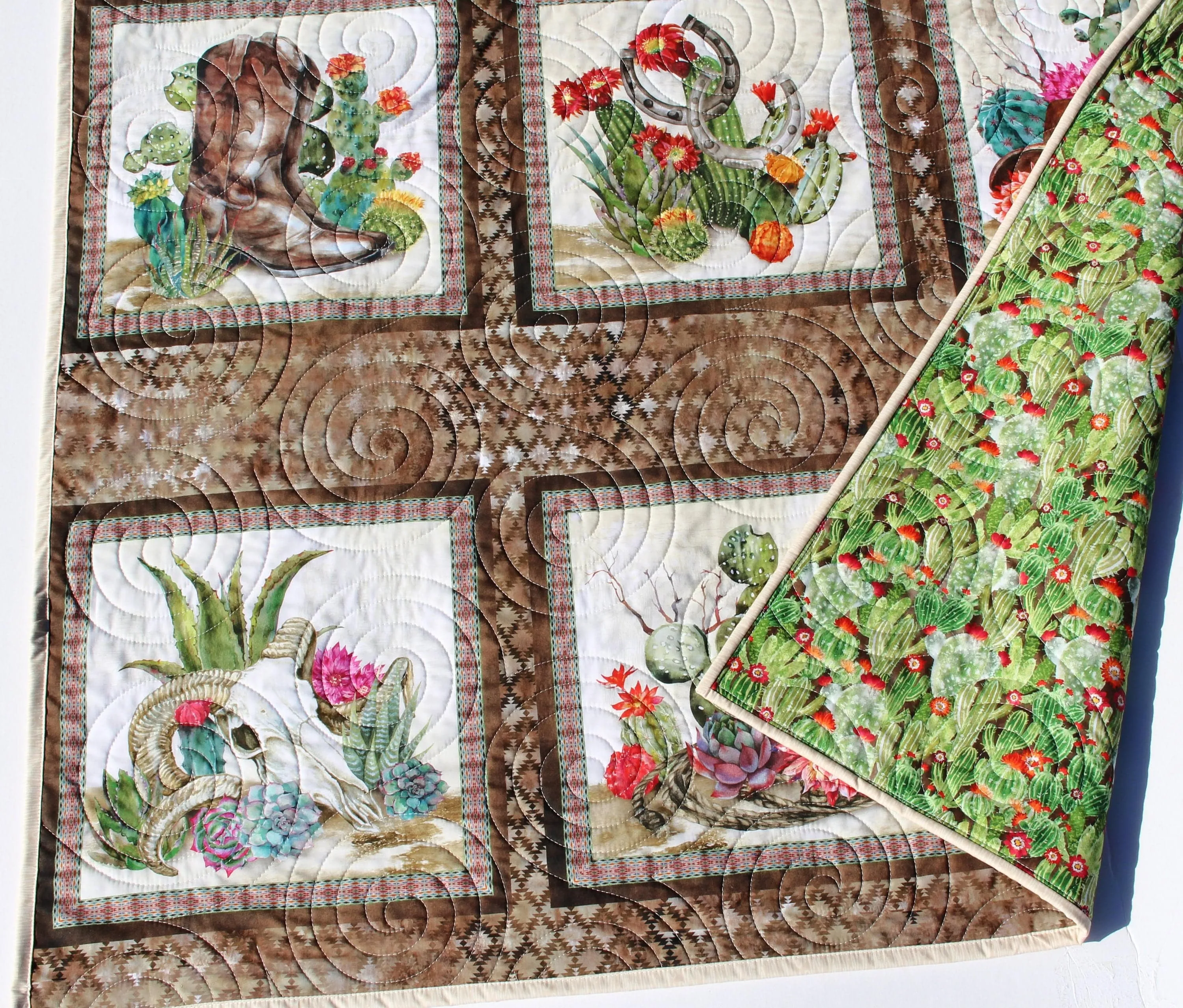 Southwest Quilt Kit, Western Theme, Fabric Panel Pattern, Cactus Boots Hats Skull, Beginner Sewing Project, Small Lap Throw Flowers Brown