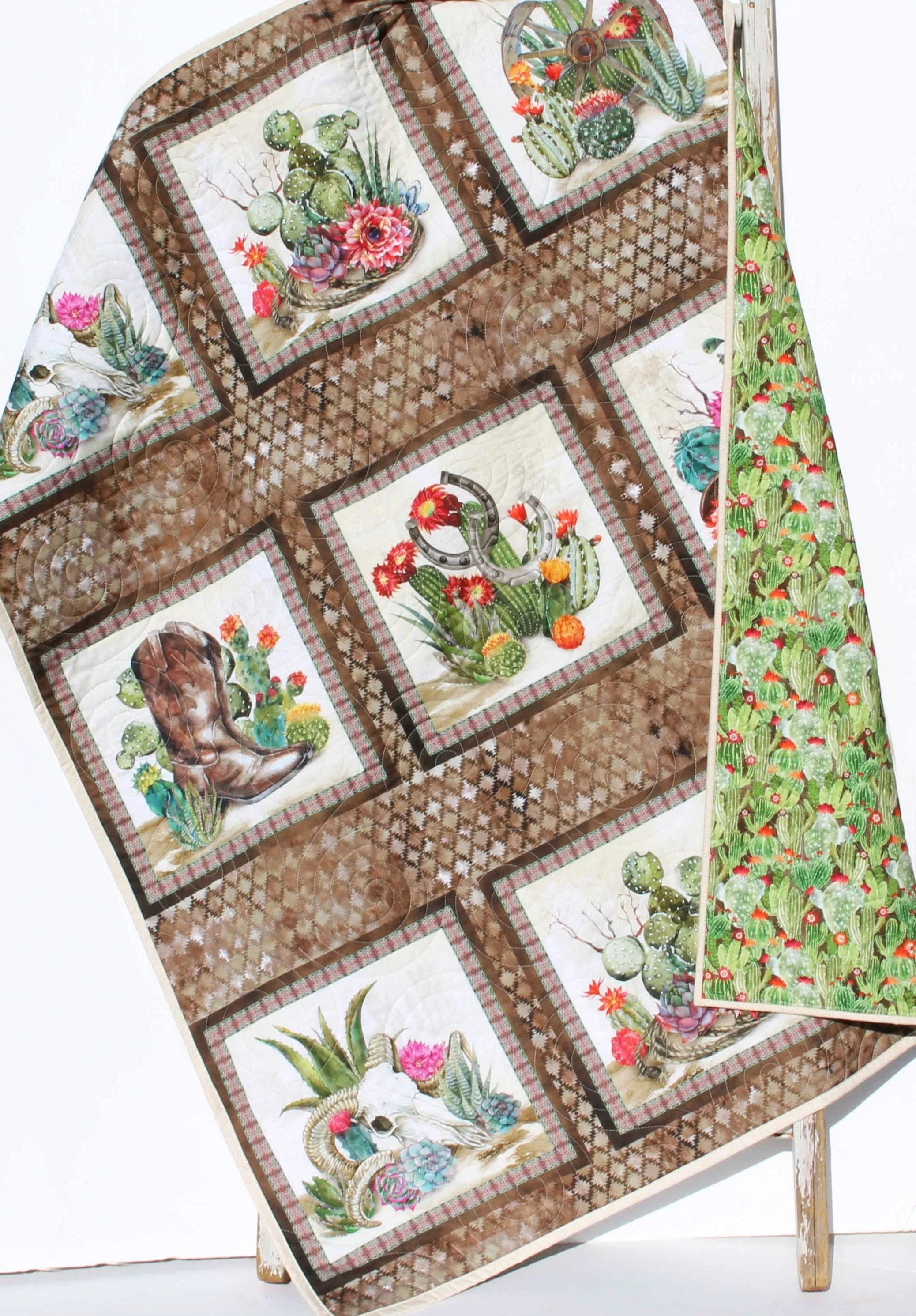 Southwest Quilt Kit, Western Theme, Fabric Panel Pattern, Cactus Boots Hats Skull, Beginner Sewing Project, Small Lap Throw Flowers Brown