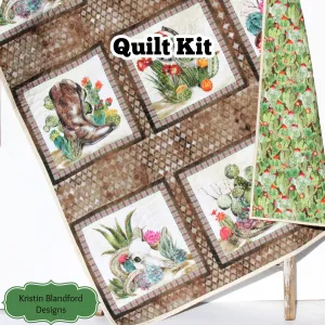 Southwest Quilt Kit, Western Theme, Fabric Panel Pattern, Cactus Boots Hats Skull, Beginner Sewing Project, Small Lap Throw Flowers Brown