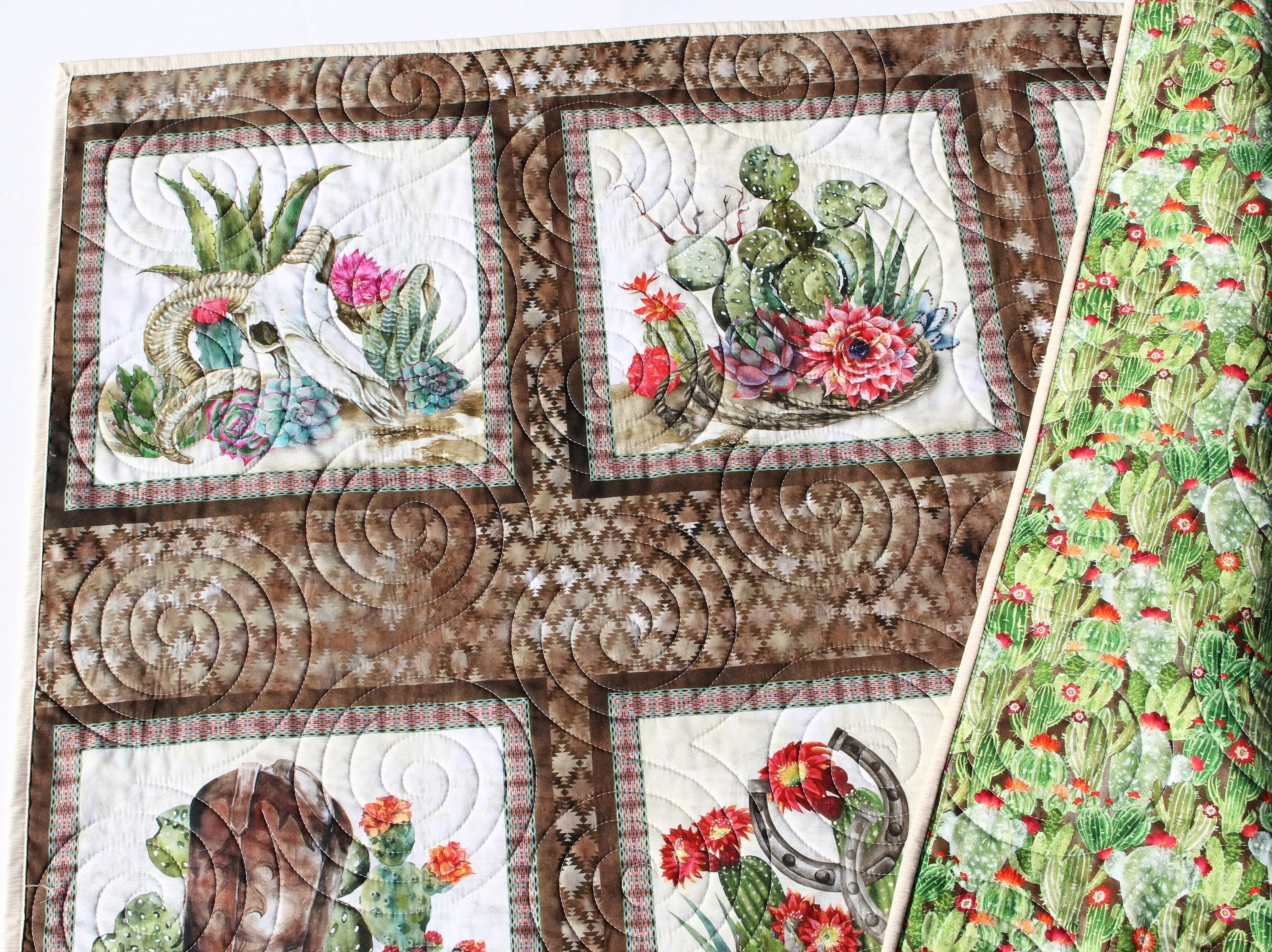 Southwest Quilt Kit, Western Theme, Fabric Panel Pattern, Cactus Boots Hats Skull, Beginner Sewing Project, Small Lap Throw Flowers Brown