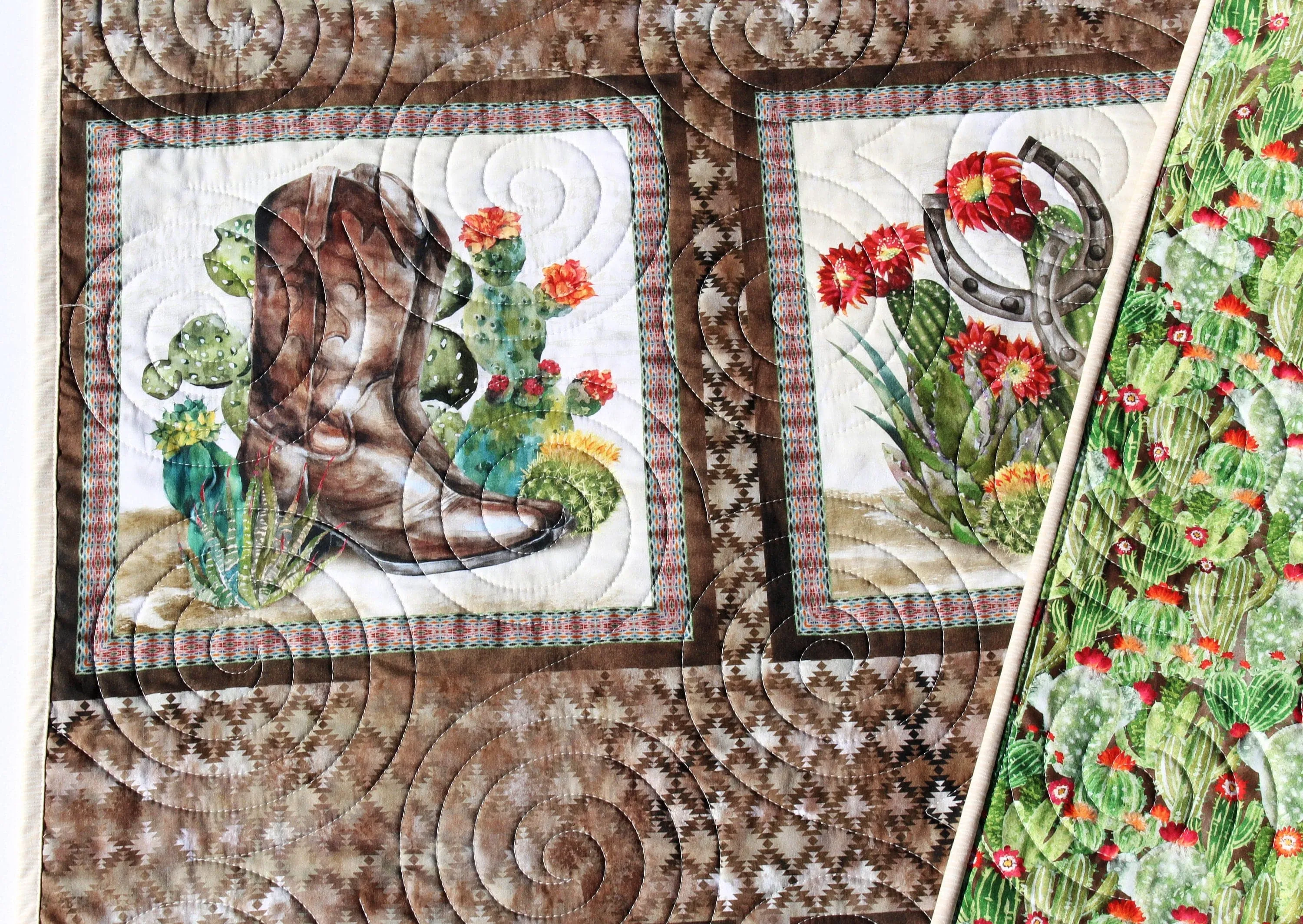 Southwest Quilt Kit, Western Theme, Fabric Panel Pattern, Cactus Boots Hats Skull, Beginner Sewing Project, Small Lap Throw Flowers Brown