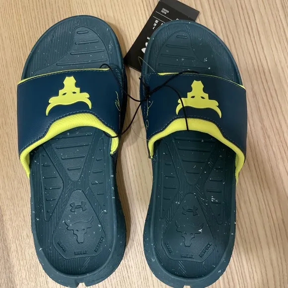 Unisex Under Armour U Rock 3 SL Slide Sandals Teal /Lime M8 / W9.5