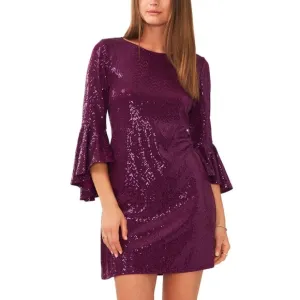 Vince Camuto Women's Sequined Cocktail Dress Purple Metallic Flounce Sleeve