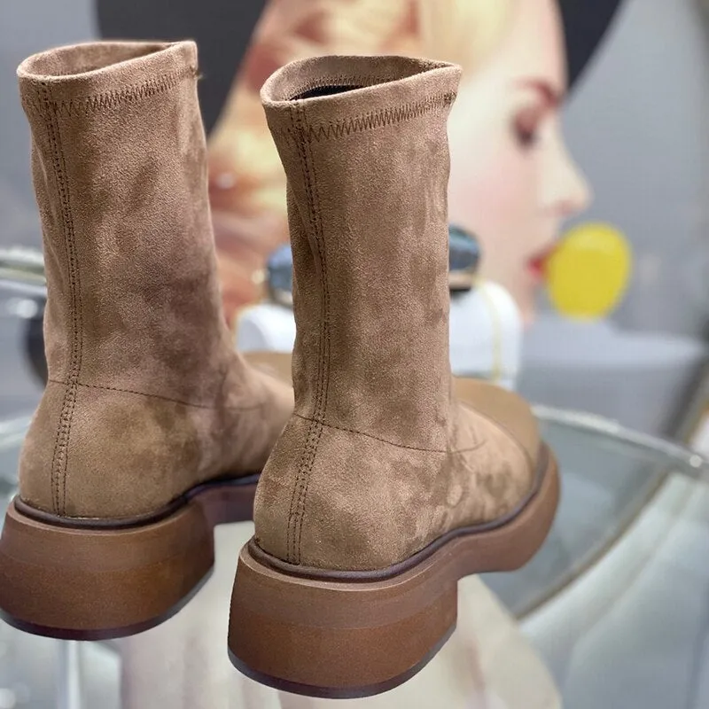 Women Boots Vintage Round Toe Stretch Outdoor Fashion