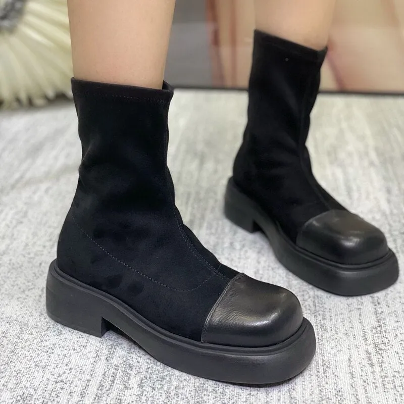 Women Boots Vintage Round Toe Stretch Outdoor Fashion
