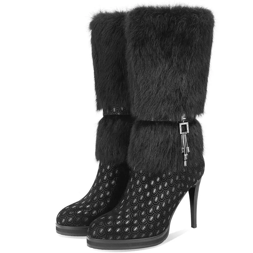 Women Genuine Leather Slim High Heel Mid Calf Boots High Top