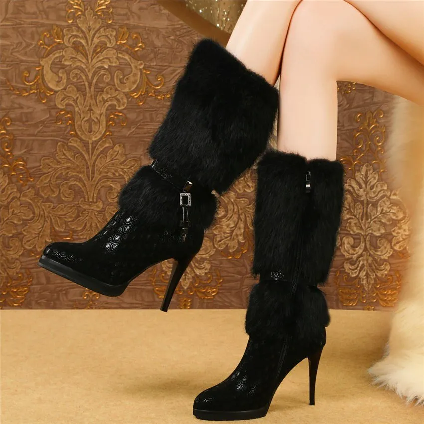 Women Genuine Leather Slim High Heel Mid Calf Boots High Top