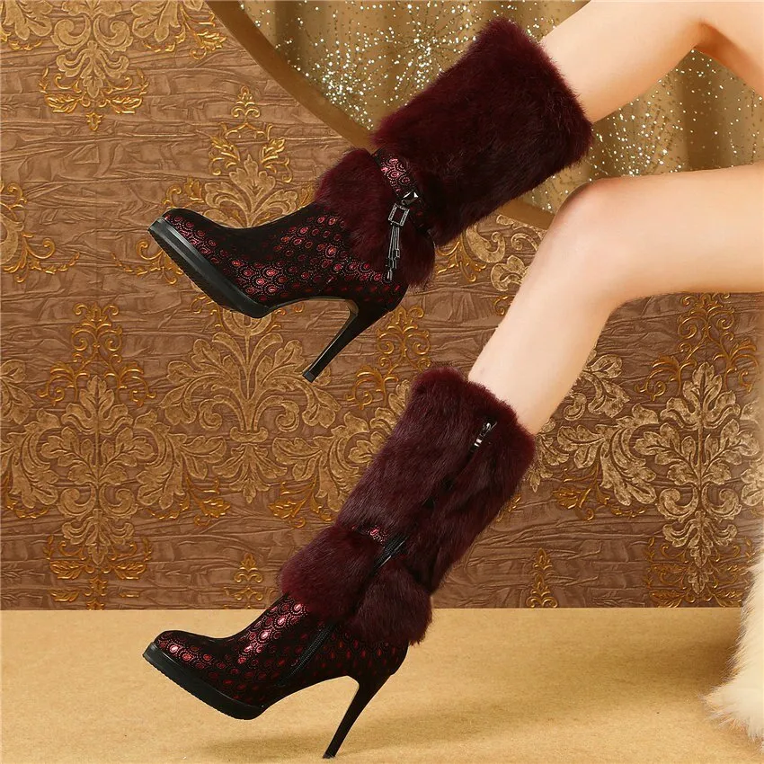 Women Genuine Leather Slim High Heel Mid Calf Boots High Top