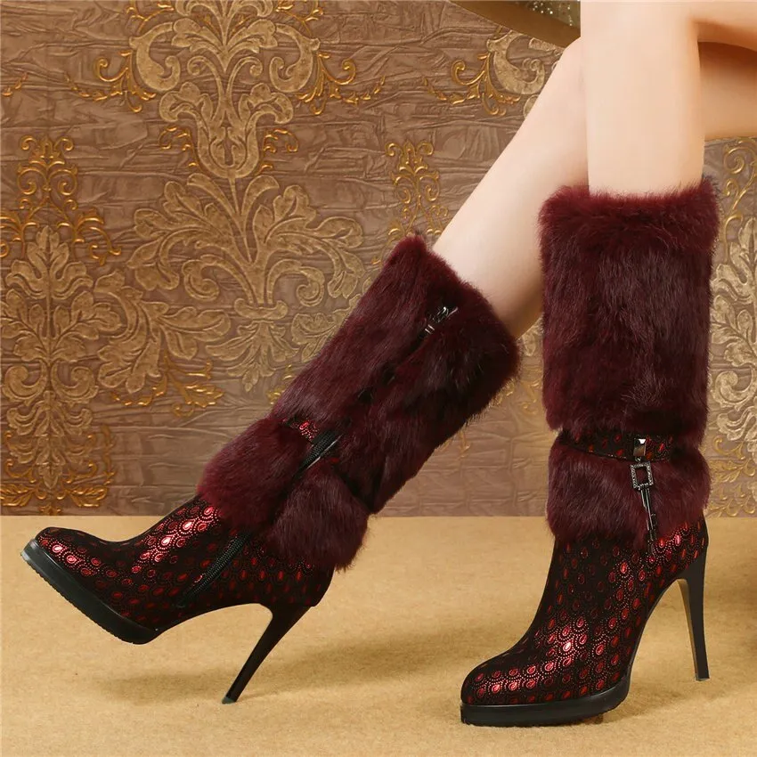 Women Genuine Leather Slim High Heel Mid Calf Boots High Top