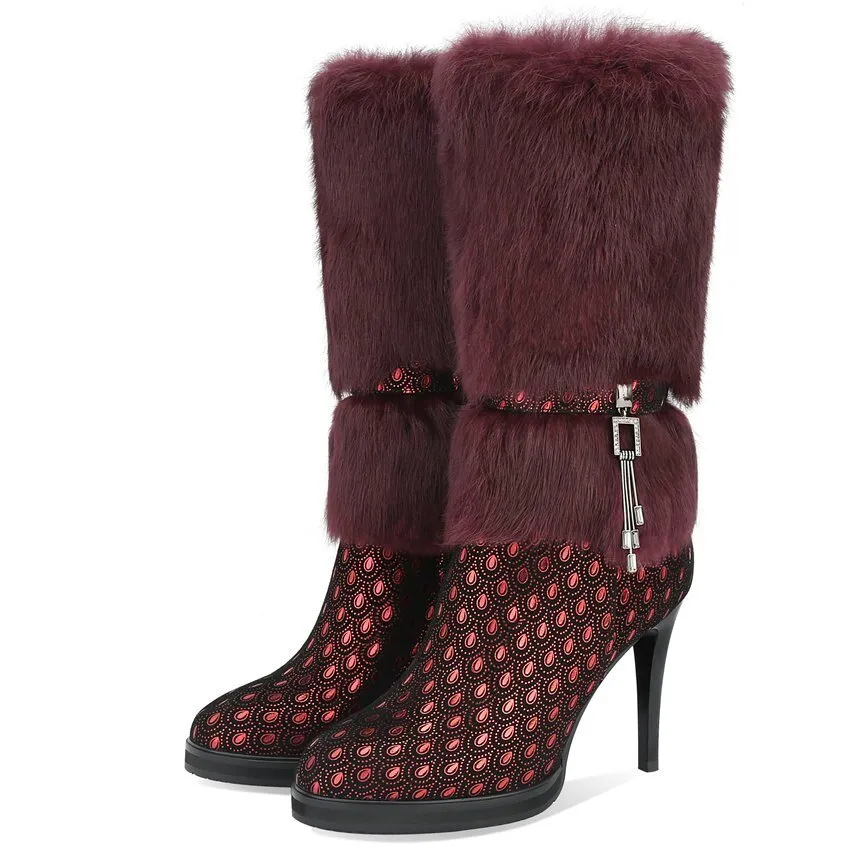 Women Genuine Leather Slim High Heel Mid Calf Boots High Top
