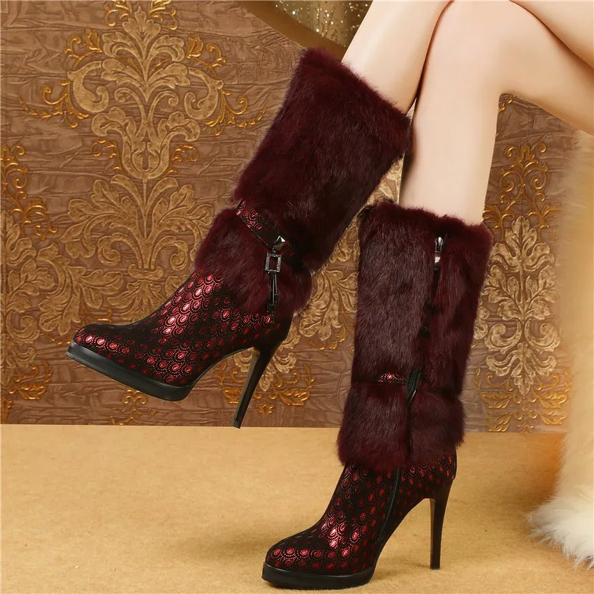 Women Genuine Leather Slim High Heel Mid Calf Boots High Top
