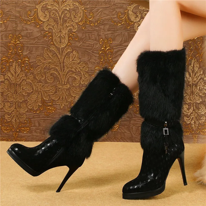 Women Genuine Leather Slim High Heel Mid Calf Boots High Top