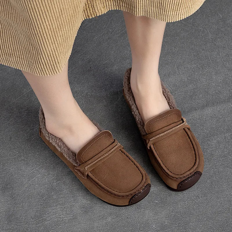 Women Retro Leather Flat Furred Winter Loafers