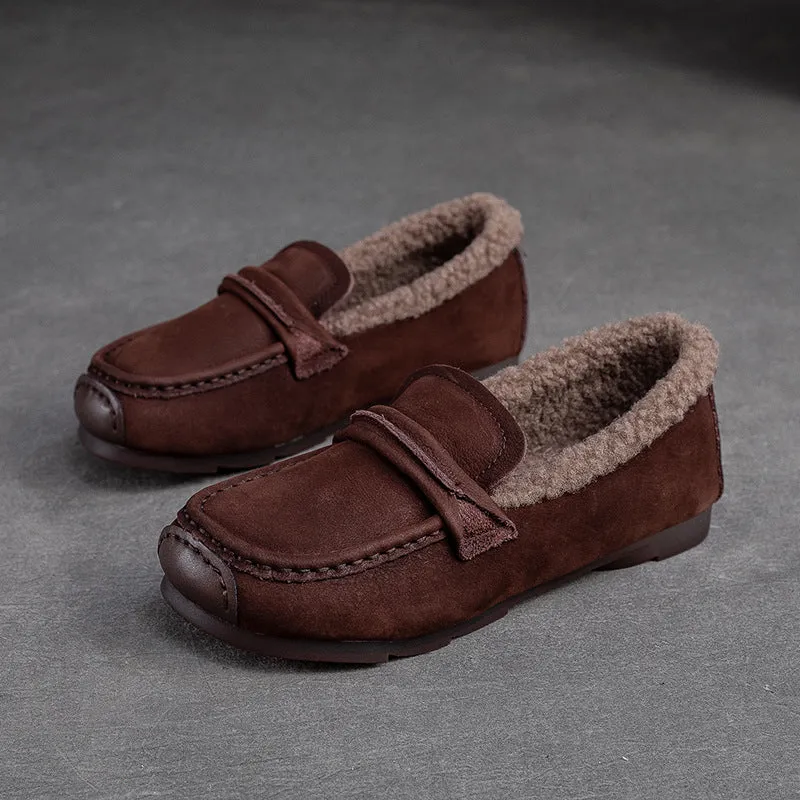 Women Retro Leather Flat Furred Winter Loafers